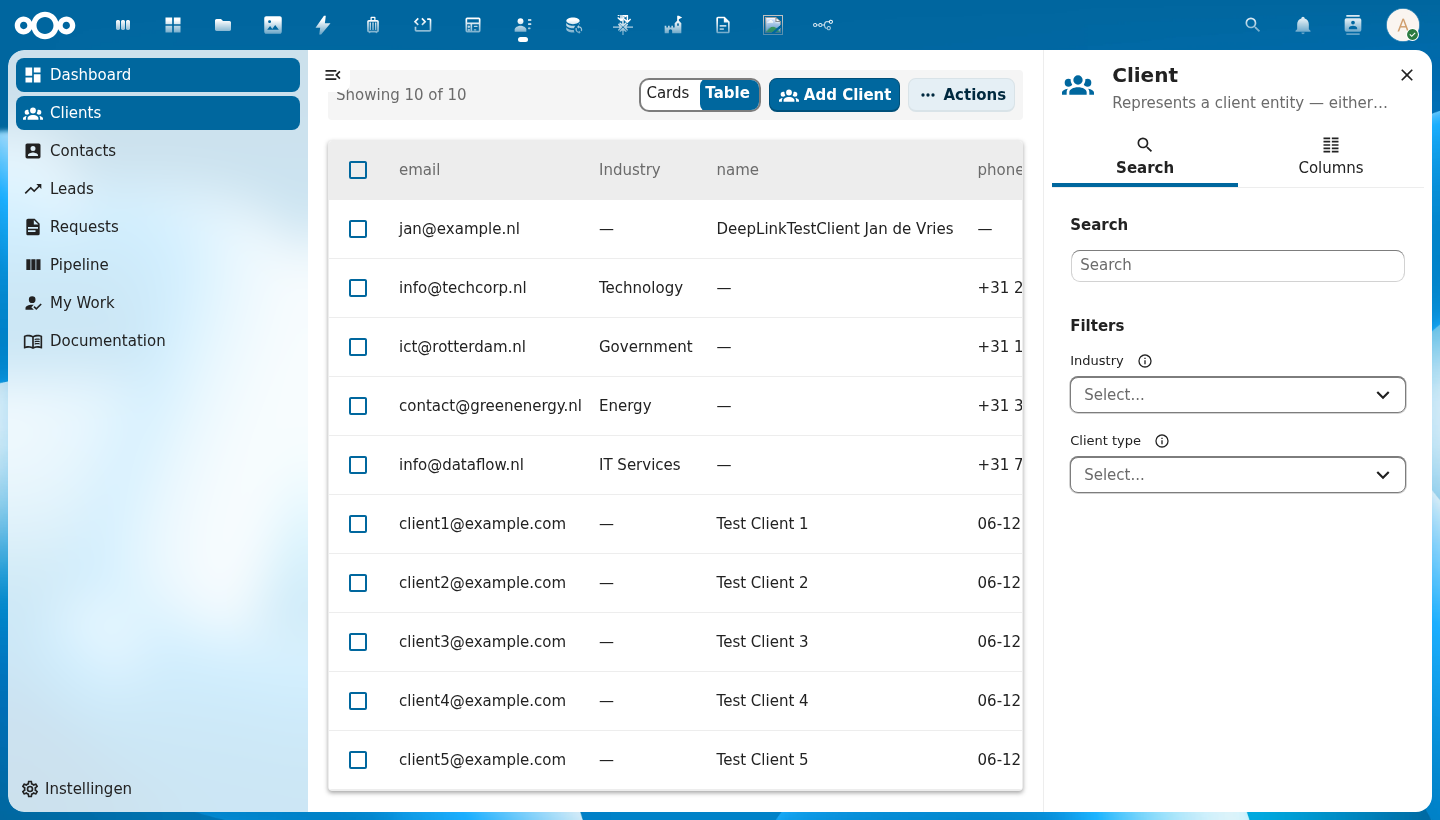 CnIndexSidebar showing Search tab with search input and filter dropdowns for Industry and Client type